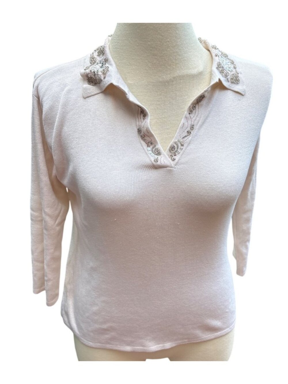 White Silk Blend Embellished Knit Top 3/4 Sleeves Size Medium Vintage Bling